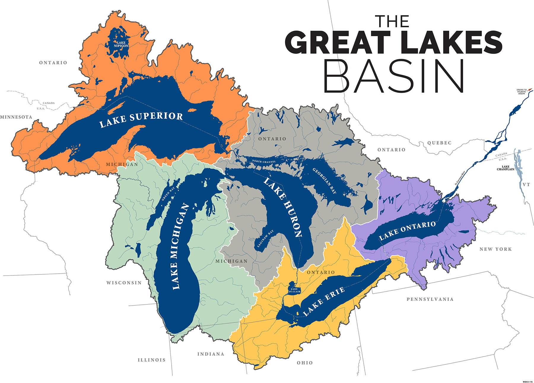 A map that depicts the Great Lakes Basin with each lake watershed being called out.