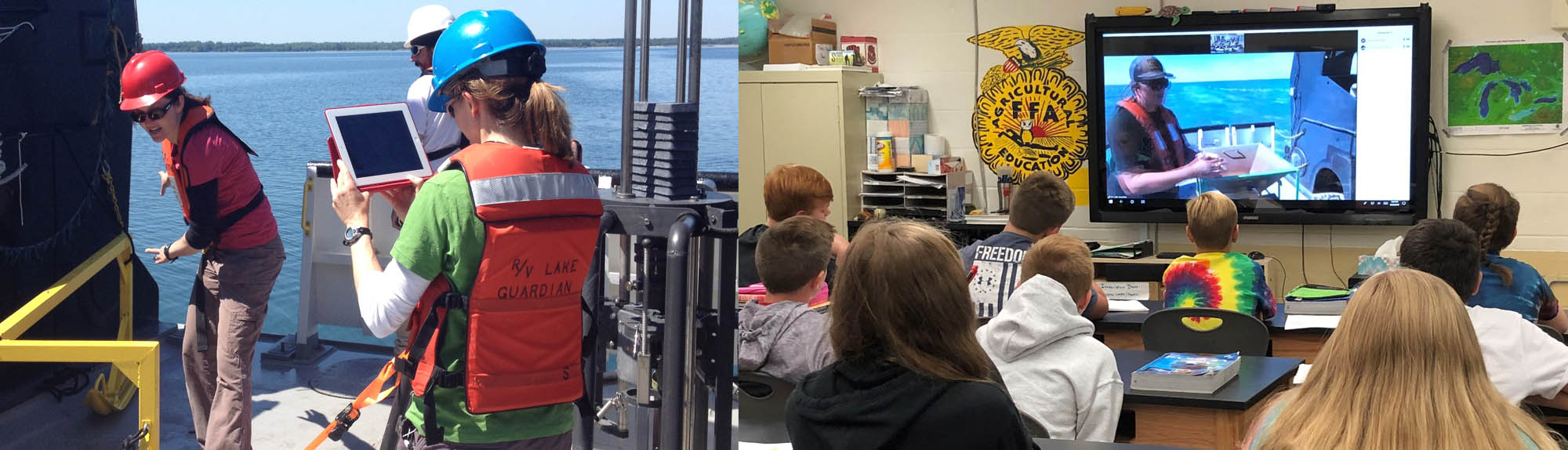 Two photos, left, a scientist on a research vessel out on the Lake is presenting live via a stream. Photo on the right is a classroom with students watching that live feed. Photo credit: Illinois-Indiana Sea Grant.